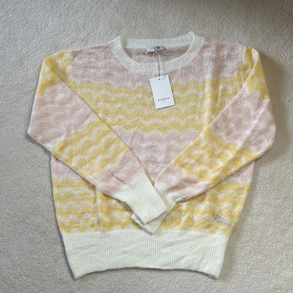 FRNCH Paris Women's Sweater in Pink and Yellow Wavy Stripes